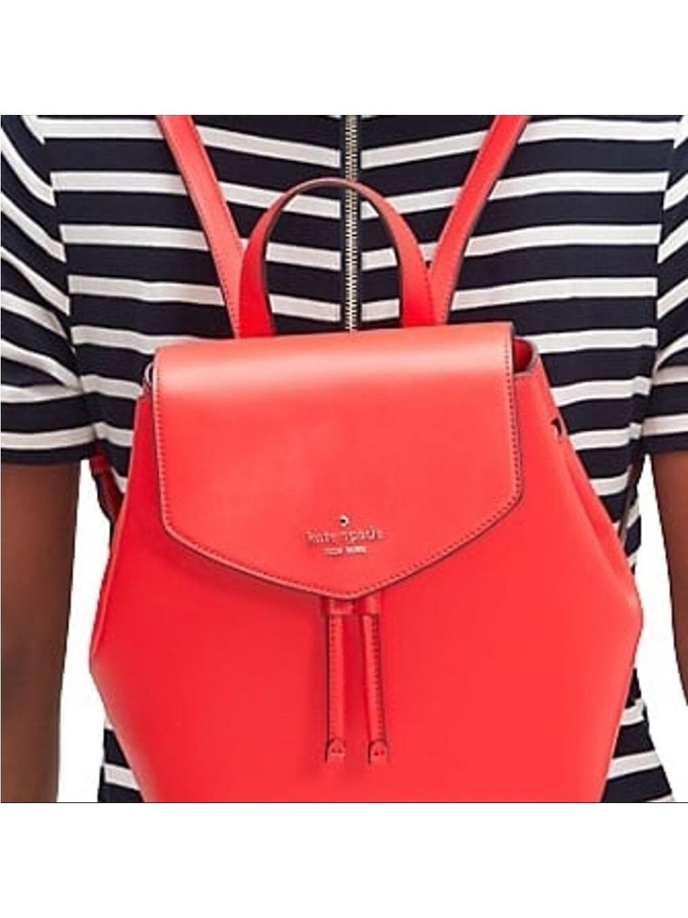 KATE SPADE Lizze Medium Backpack Drawstring Flap Geranium Red Leather WKR00345